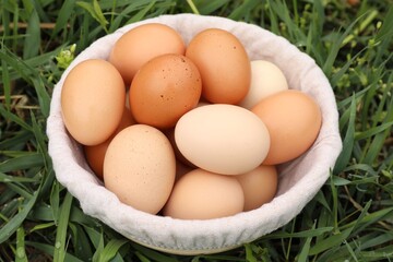 Fresh chicken eggs in basket on green grass outdoors, closeup
