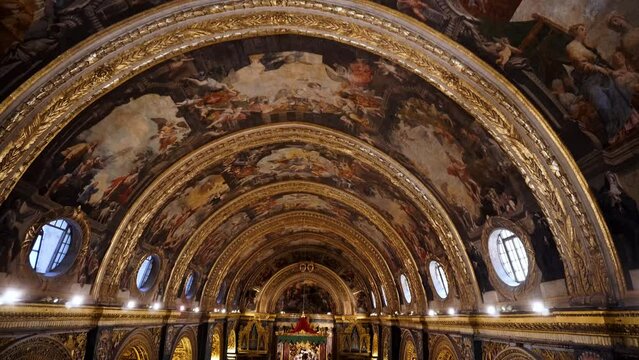 St John's Co-Cathedral Detail of Fresco Ceilings, Gold Walls. Valletta. Malta