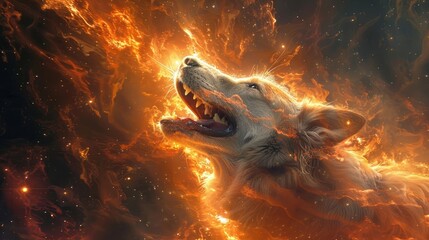 A wolf's head emerges from a fiery nebula, howling at the heavens.