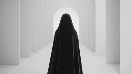 Hooded priest in dark attire walking away on a stark white background, captured with volumetric realism, 25mm lens, depth of field, tilt blur, and precise shutter speed