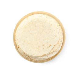 Stack of tasty homemade tortillas isolated on white, top view