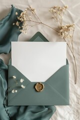 Top-down view of an envelope with blank paper and a wax seal surrounded by green silk fabric and dried flowers