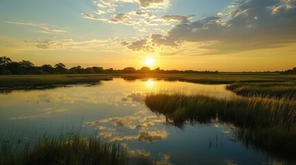 Fototapeta premium Golden Sunset Reflections in Calm Waters of Serene Wetland