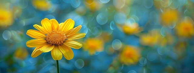 Obraz premium A tight shot of a yellow bloom against a hazy backdrop of blue and yellow flowers