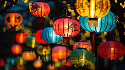 Vibrant paper lanterns illuminated at night, depicting traditional Asian designs, hanging for a festive occasion