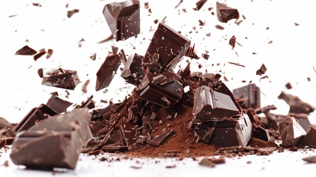 High-speed photography captures an explosion of chocolate pieces and cocoa powder, creating a dynamic and tempting treat