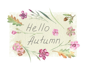 Collage of the flowers and leaves painted with watercolors and a paper texture with the hand drawn lettering 