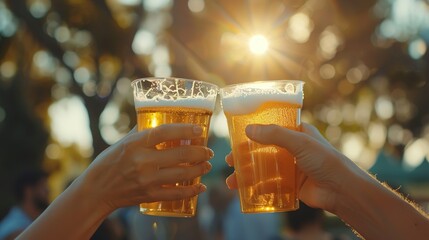 Two hands holding beer in clear plastic cups in the Summer afternoon sun made with Ai generative technology