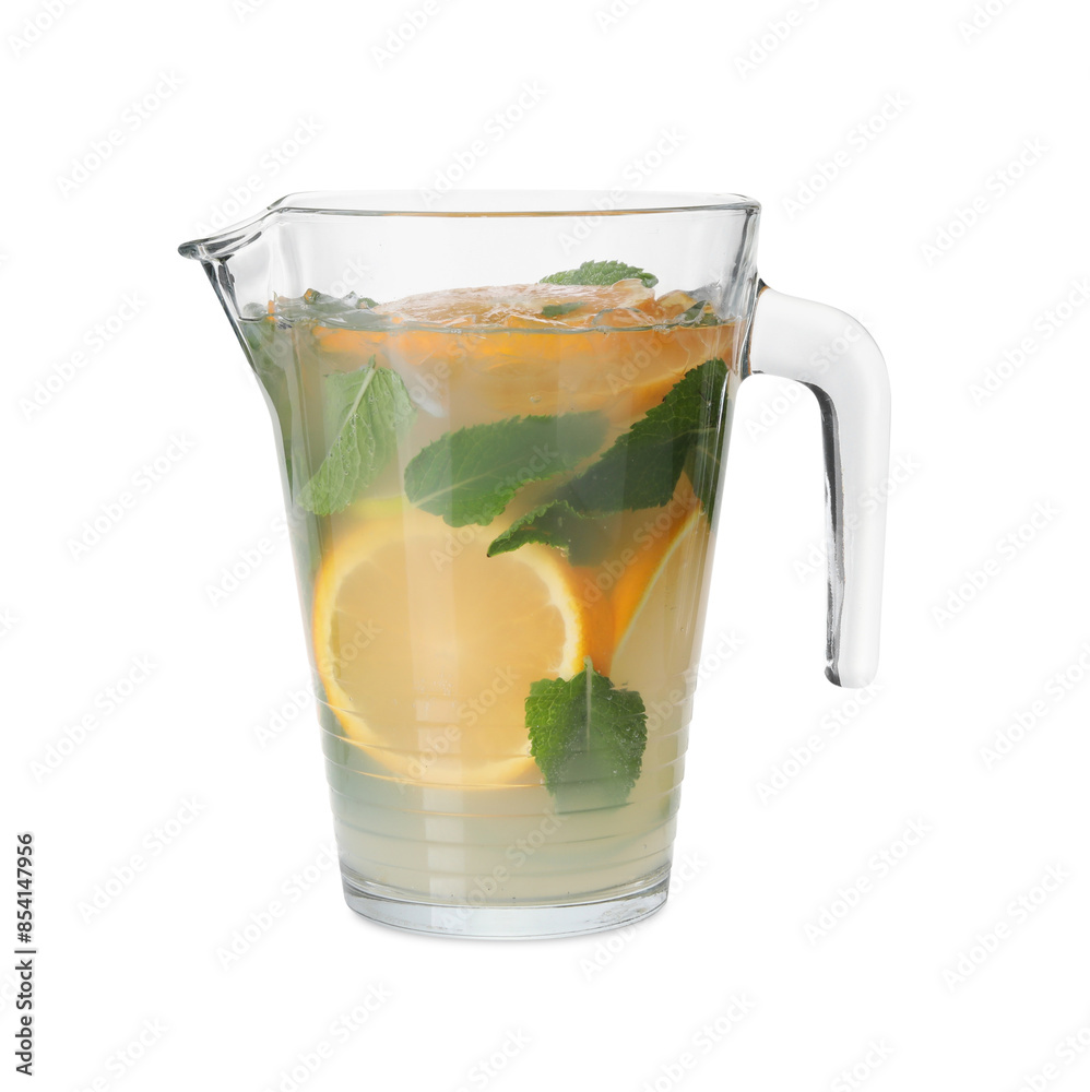 Wall mural freshly made lemonade with oranges and mint isolated on white - Wall murals