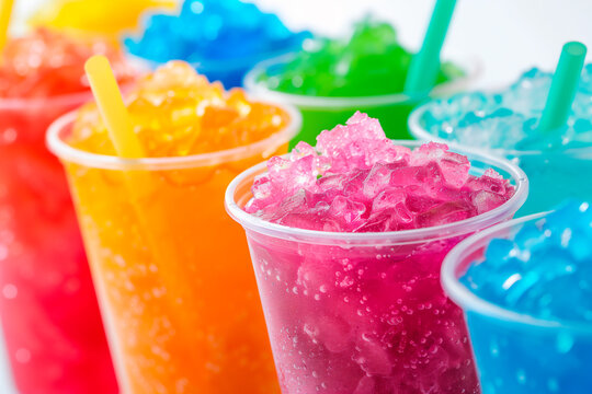 kool-aid slushies drinks in orange, blue, and red colors isolated on a plain white background