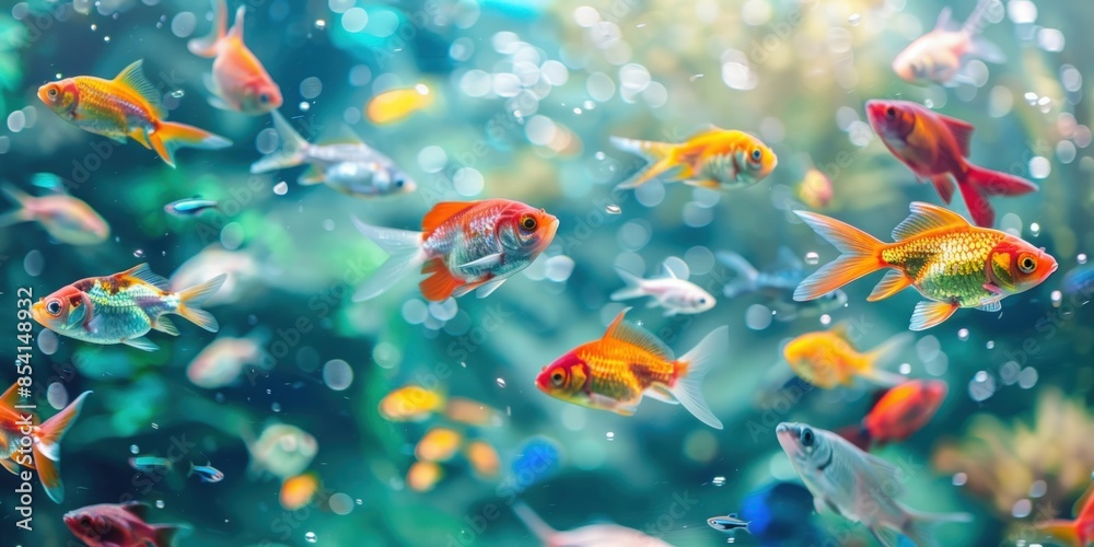 Wall mural a colorful fish tank with many different colored fish swimming around. generate ai image