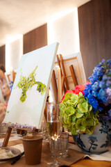 female hands painting a picture. artist painting oil paint on canvas.