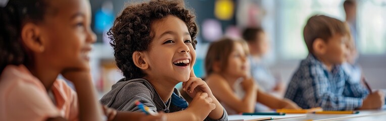 Children smiling and enjoying their time in the classroom, showing enthusiasm and engagement in their learning activities.