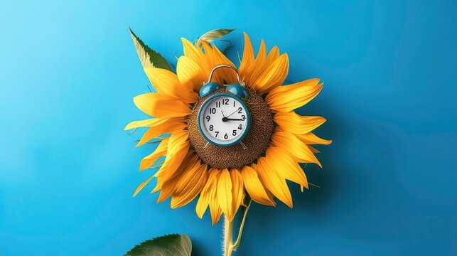 Sunflowers with alarm clock on blue color background. Generative AI