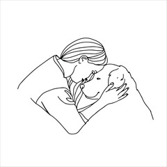 A woman with her dog. Linear art black and white illustration.