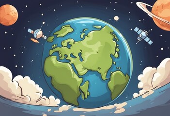 Naklejka premium Outer space satellite for global communication and connectivity purposes.Cartoon Retro Abstract art. 