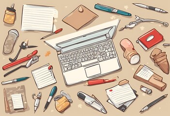 Stationery is scattered around the laptop computer work area.Cartoon Retro Abstract art.
