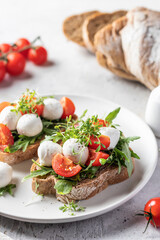Sandwiches with tomatoes, mozzarella balls, arugula on white plate light textured background with ingredients close up. Italian bruschetta set, antipasti