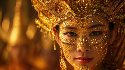 Fototapeta premium A woman in elaborate golden headdress and makeup, gazing intensely at the camera.