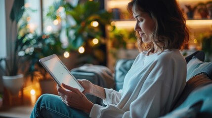 A woman sitting on a cozy couch using a digital tablet at home, surrounded by indoor plants and soft lighting. - Powered by Adobe