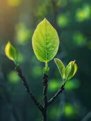 Close-up of a single vibrant green leaf on a branch.