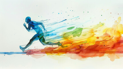 A man running with a rainbow behind him
