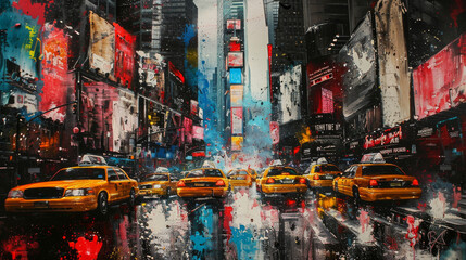 Naklejka premium A painting of a busy city street with taxis and a large sign