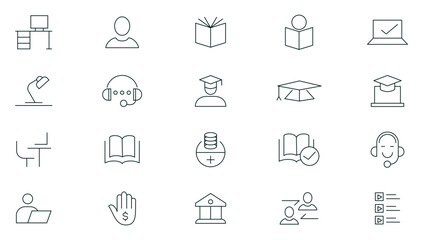 E-learning thin line icon set. Online education icon set. Education, school, knowledge,  E-Book, Graduation, social, teacher, certificate, video tutorial outline icons. Education web icon set