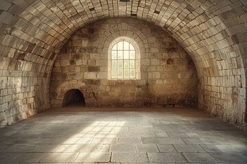 Obraz premium Ancient stone architecture with a vaulted ceiling and sunlight filtering through window, evoking history and solitude
