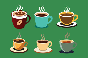 Obraz premium Vector Illustration of a set of coffee cups. Hot Coffee cups. Coffee menu, green background.