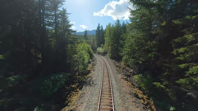 FPV drone is flying fast forward over railway track. Canada