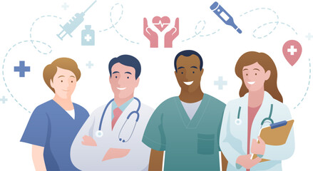 Medical workers color vector infographic illustration. Doctor and nurse with icons isolated on white background. Health care banner concept. Kind, smiling therapist and caregiver.