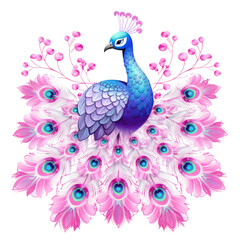 Fototapeta premium A blue and pink peacock with flowers in the background