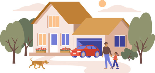 Illustration of a family house with a garage, red car, and trees. The banner concept of beautiful, cozy home. American dream vector graphic isolated. Father, daughter, and dog walk in the front yard.