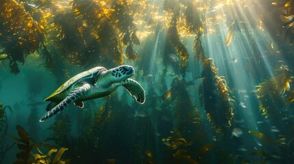 Sea Turtle Swimming in Kelp Forest with Sunbeams.