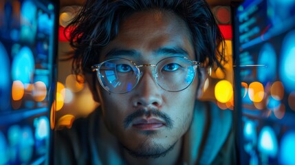 Obraz premium Intense close-up of a man's face with eyeglasses illuminated by blue neon lights