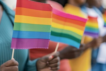 Diverse Community Holding Rainbow Flags Generative AI