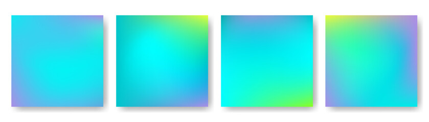 Set of holographic gradient square covers. Modern green blue vibrant colors blend texture background. Template for cover, brochure, presentation, banner, social media design