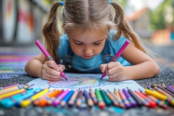 A young girl draws on the pavement with colorful crayons, focused and creative