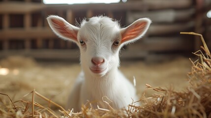 Fototapeta premium Cinematic Photography of Cute Baby Goat in Barn, Charming Farm Scene