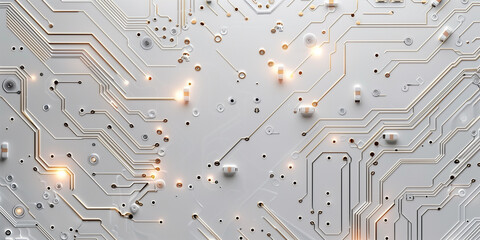A digital rendering of a circuit board with a network of white lines and dots on a white background