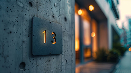 House number 13 on a concrete wall with blurred background.