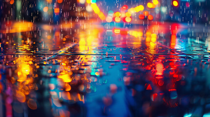 Fototapeta premium A blurry photo of a city street at night. Rain creates a reflective puddle on the street