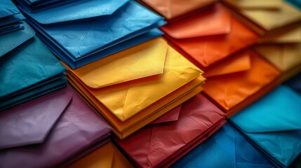 Diagonal view of assorted colorful envelopes, creating a dynamic composition and visual texture