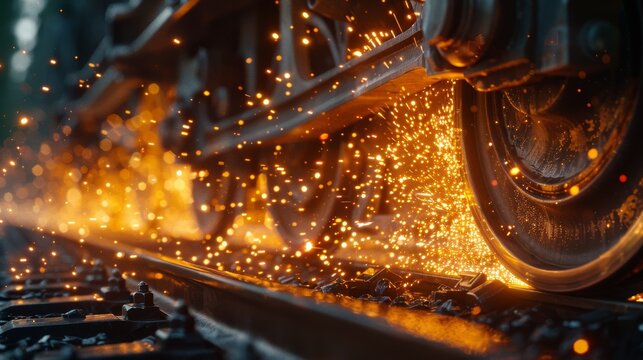 Closeup of train wheels on tracks, intensely emitting sparks due to friction