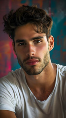 Obraz premium Creative Artistic Flair: Handsome Man in Colorful Art Studio with Soft Lighting