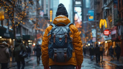 A man in a yellow jacket stands out amid the illuminated signs of a bustling city street at night