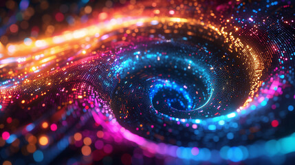 A digital tunnel formed by glowing green binary code. The code appears to spiral inward as it recedes into the distance. The background is dark