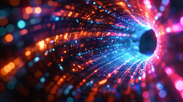 A digital tunnel formed by glowing green binary code. The code appears to spiral inward as it recedes into the distance. The background is dark