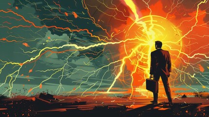 The Abstract Businessman is in for a major surprise when a colossal lightning bolt strikes beautifully depicted in a retro style illustration